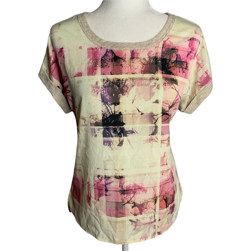 High Low Stretch Knit Pullover Top M Cream Pink Cuffed Sleeve Round Neck